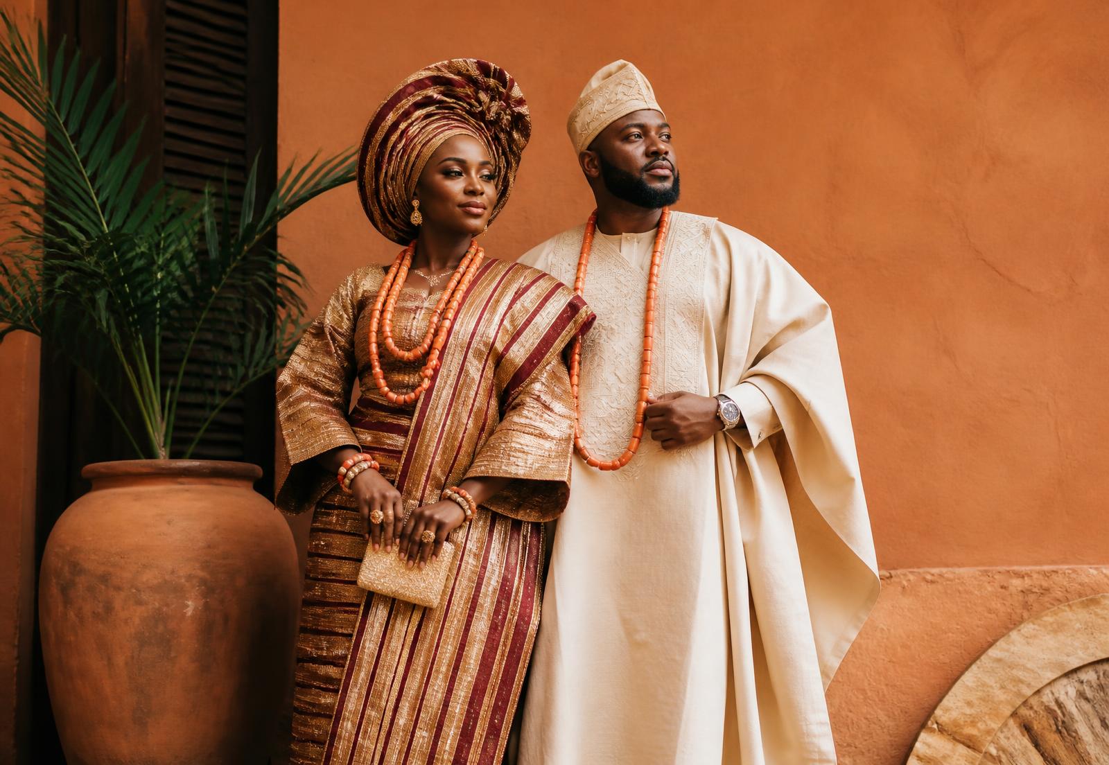 A couple in traditional West African wedding attire: aso-oke wrapper with gele, and an embroidered agbada